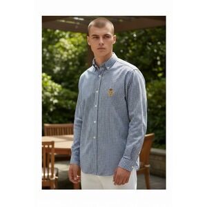 Lauren Ralph Lauren Button Down Mens Blue Houndstooth Crest Logo Shirt M